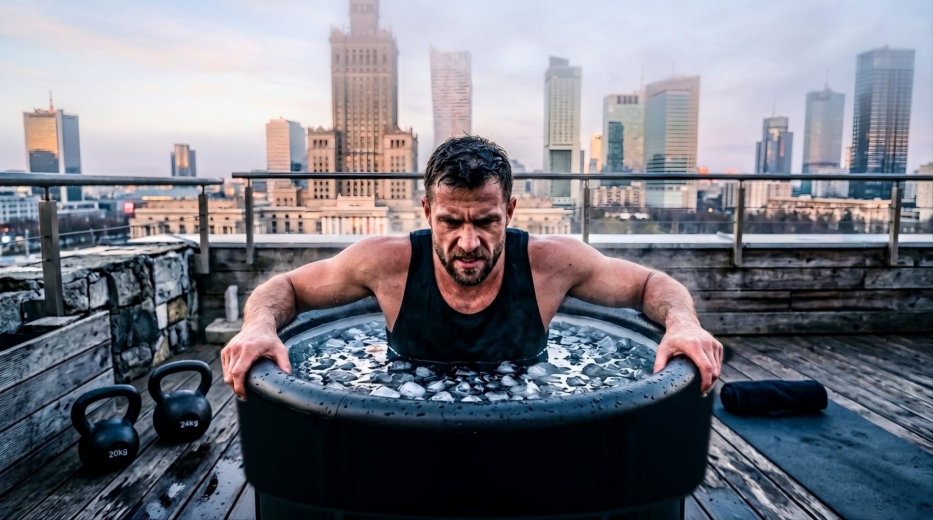 Athlete taking a cold plunge ice bath on a Warsaw rooftop with city skyline - MORSly portable cold plunge rental
